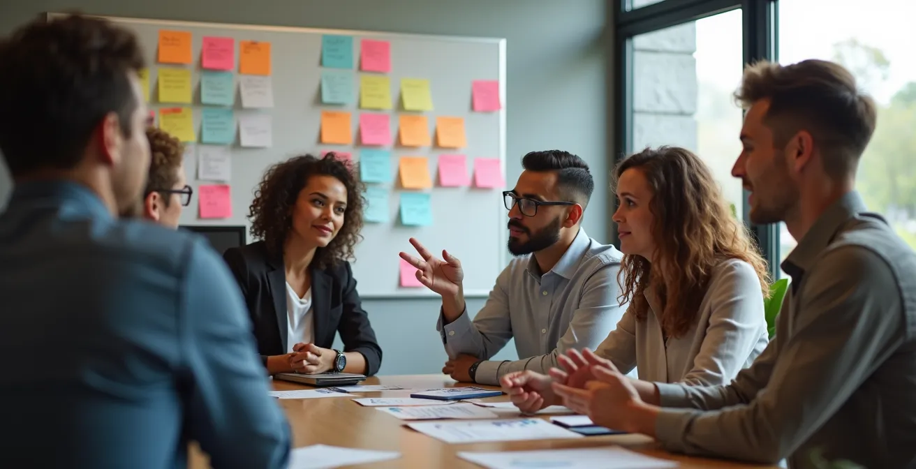 Groupe de professionnels travaillant ensemble lors d'un atelier créatif