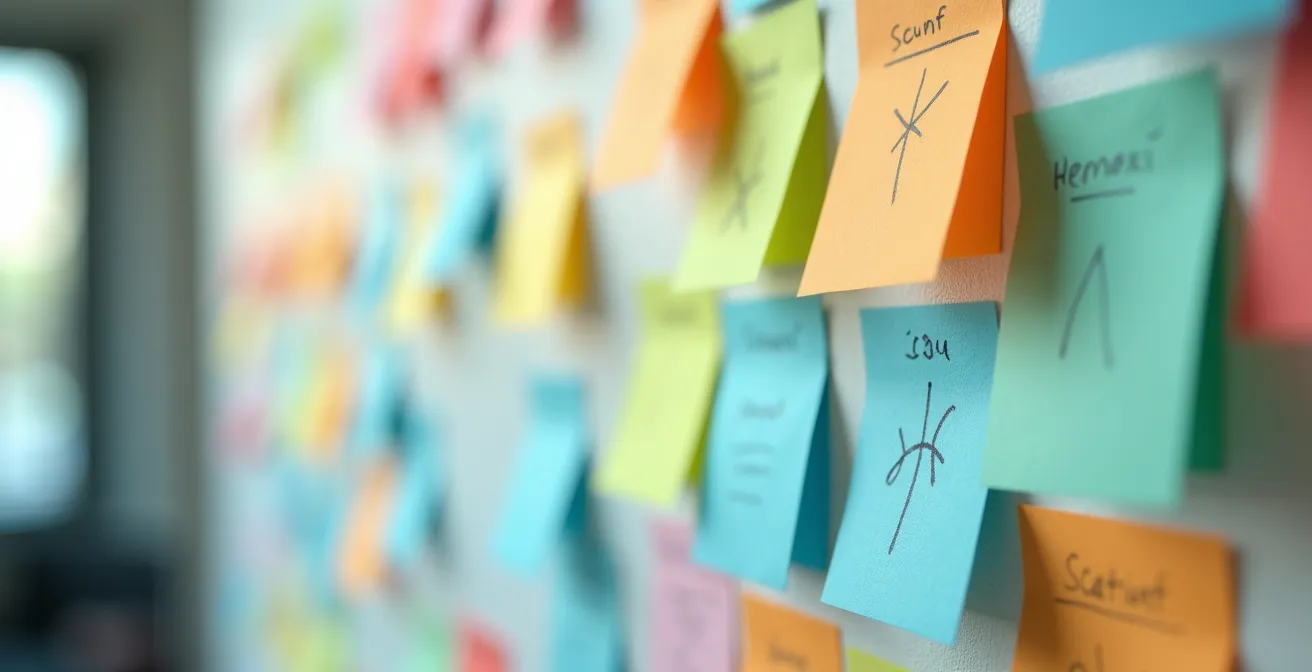 Vue macro détaillée d'un Business Model Canvas avec post-its colorés organisés stratégiquement