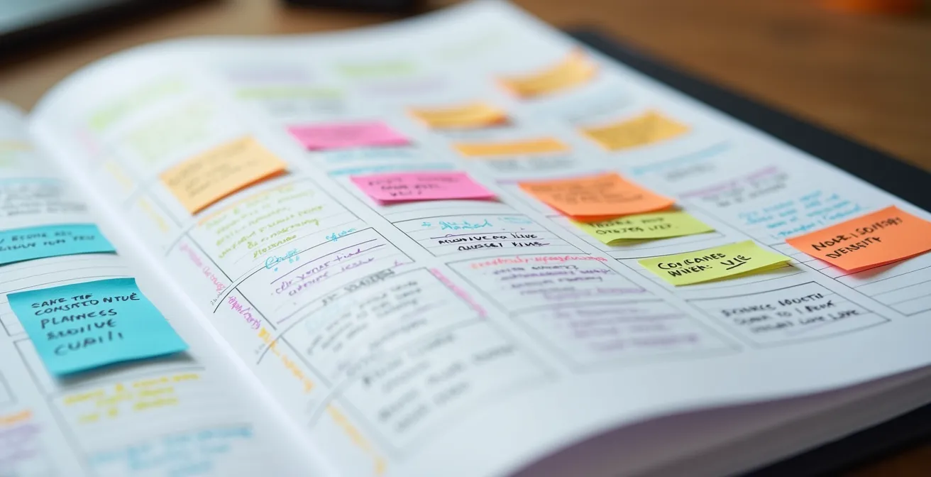 Vue macro détaillée d'un calendrier de campagne avec annotations manuscrites