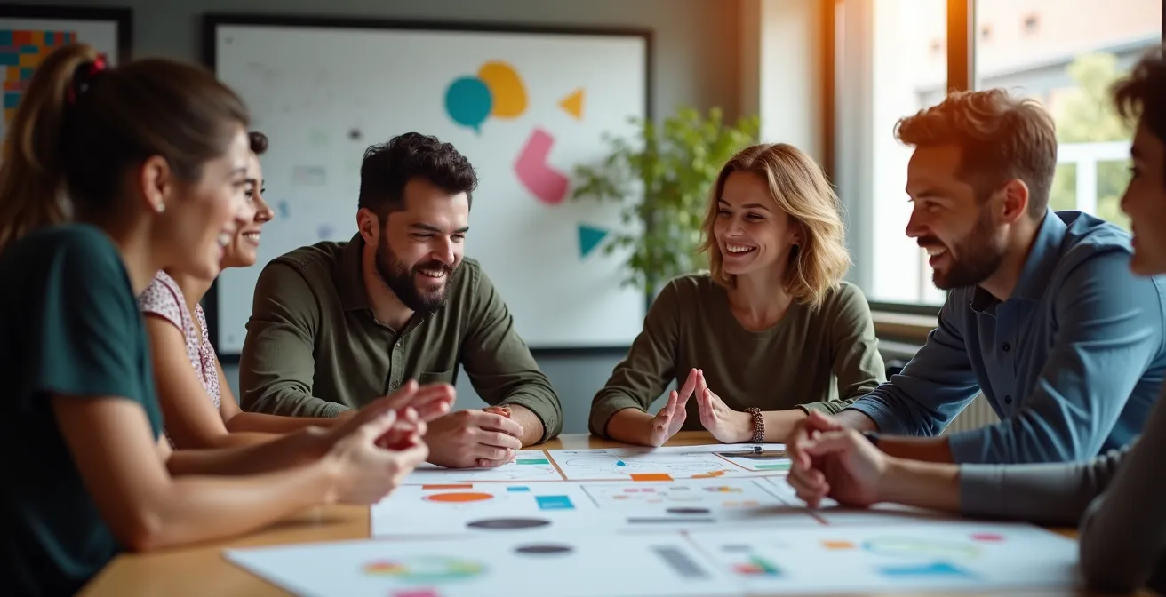 Session de brainstorming créatif avec employés PME partageant leurs idées innovantes