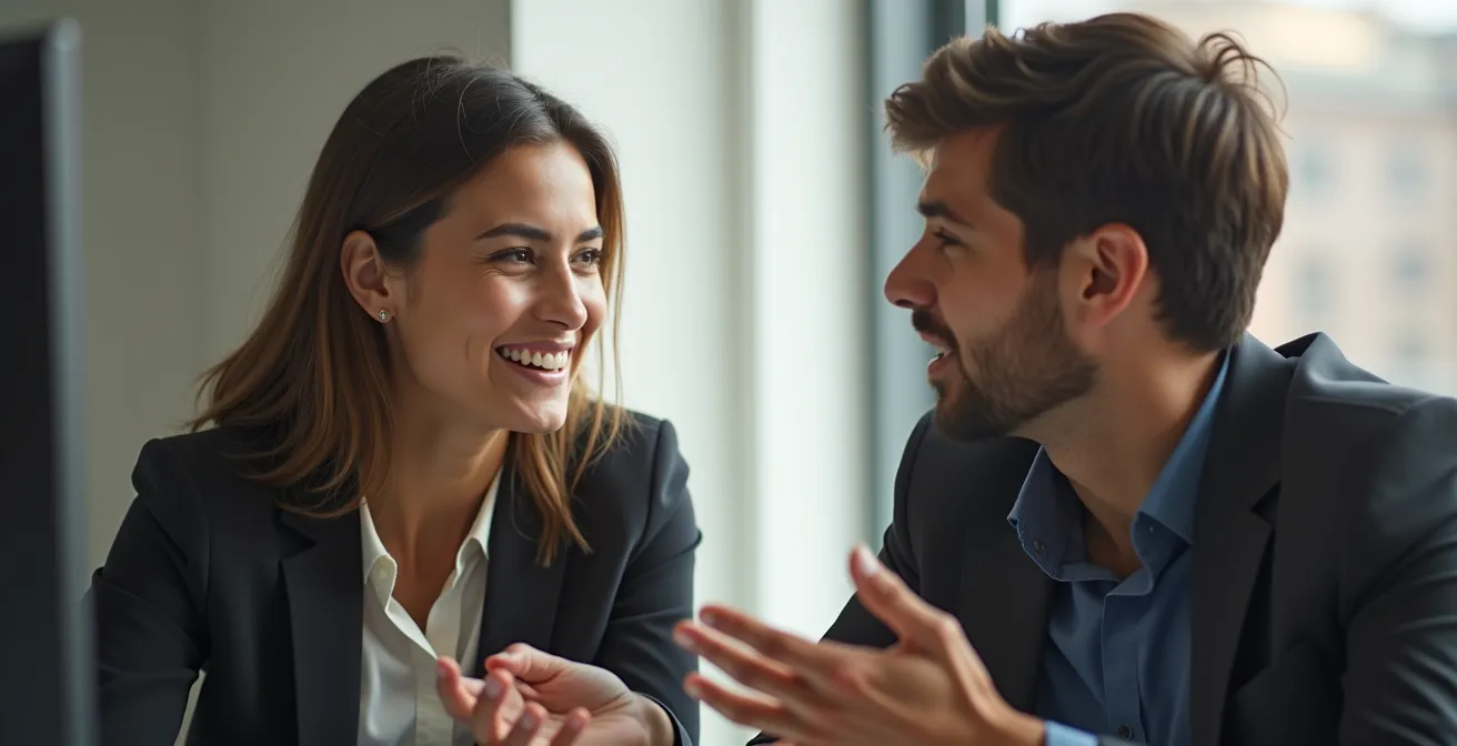 Portrait rapproché d'une interaction humaine positive entre collègues dans un environnement professionnel