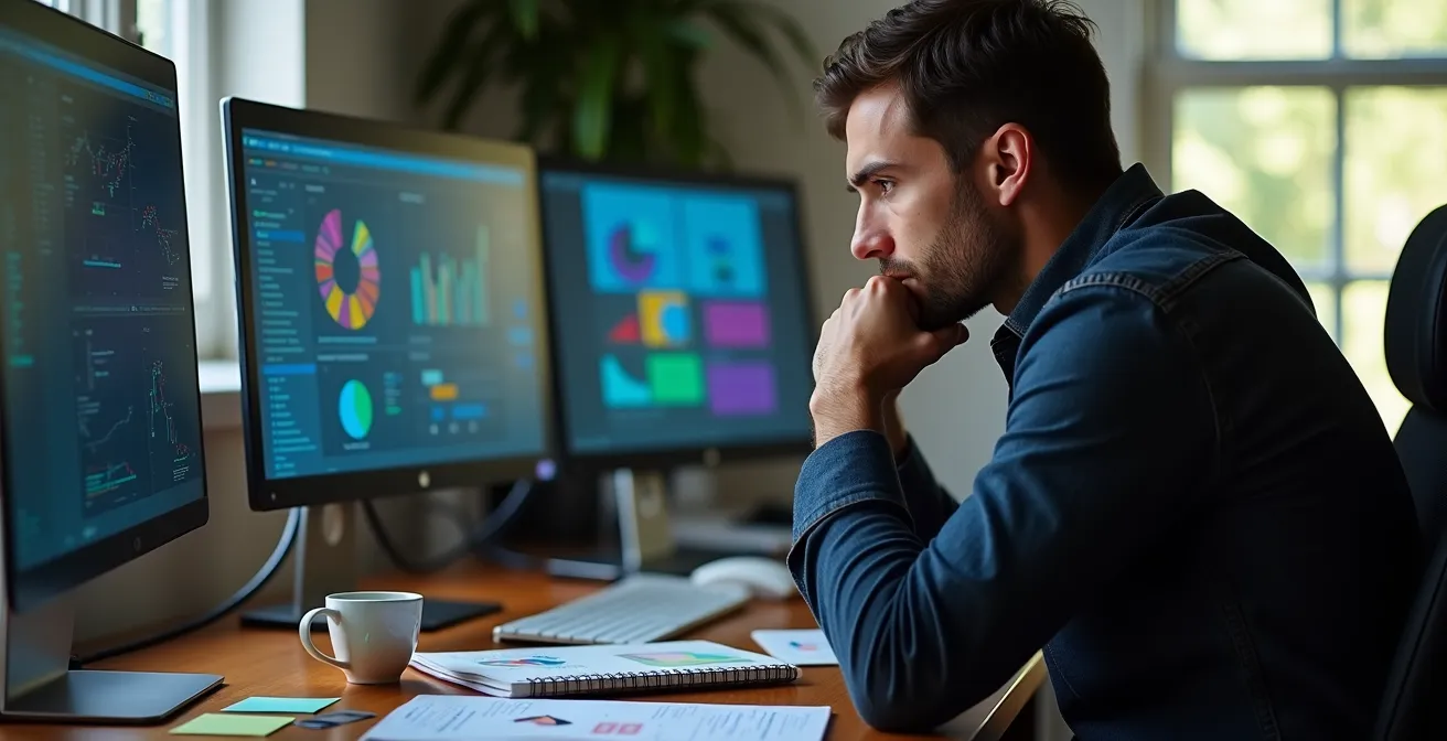 Entrepreneur analysant des données de marché sur plusieurs écrans avec graphiques et tableaux