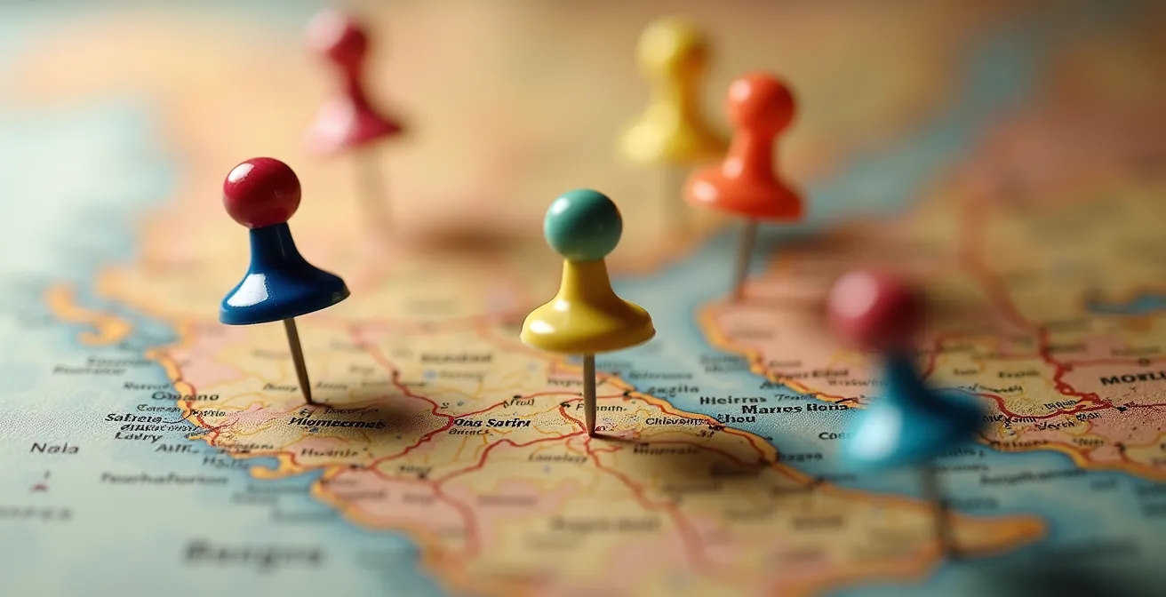 Vue macro d'une carte avec épingles marquant différents points de franchise