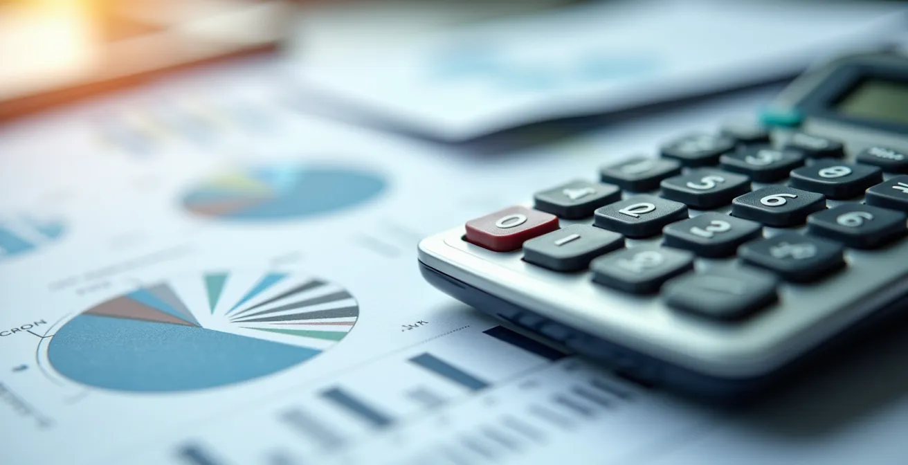 Vue macro de documents financiers avec calculatrice et stylo, mise au point sélective sur les graphiques