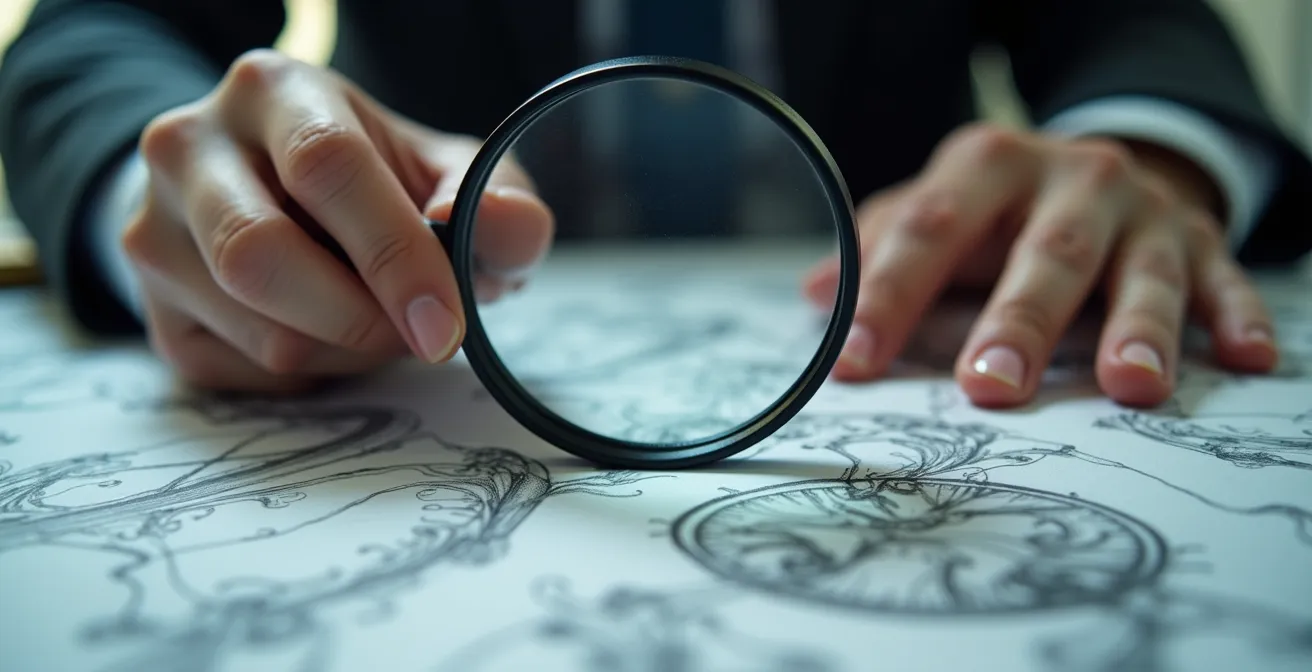 Vue macro de mains analysant des documents contractuels avec loupe