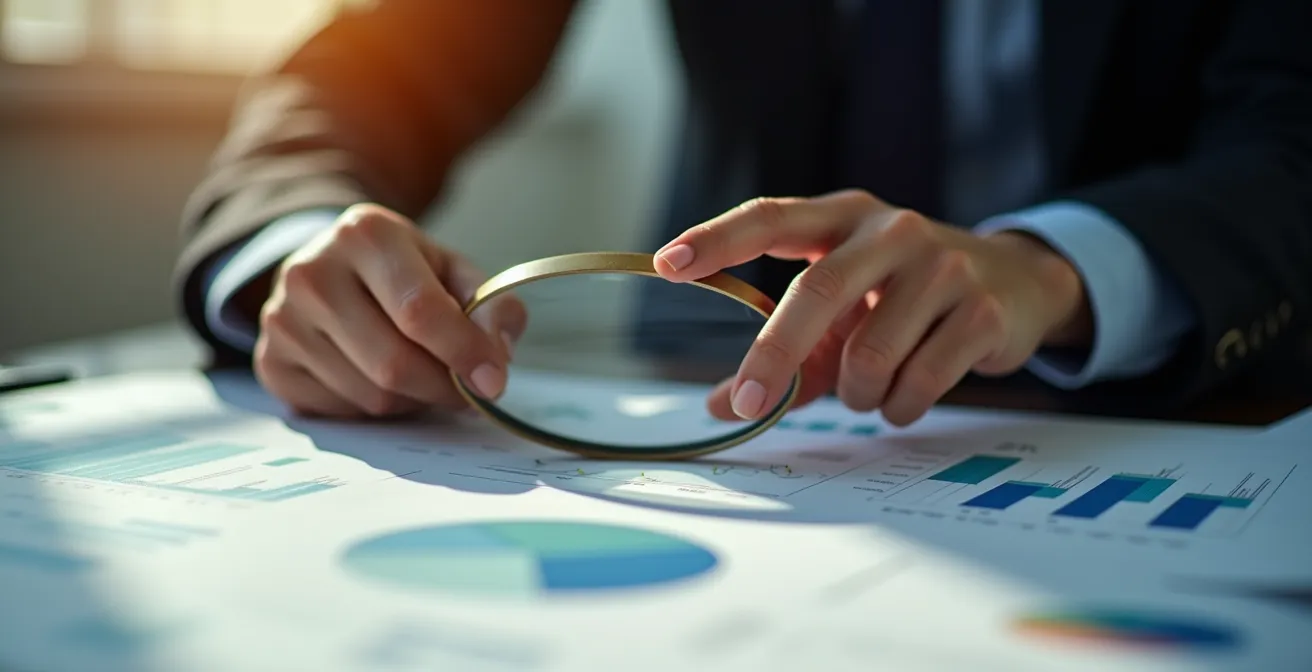 Mains professionnelles examinant des documents financiers avec loupe