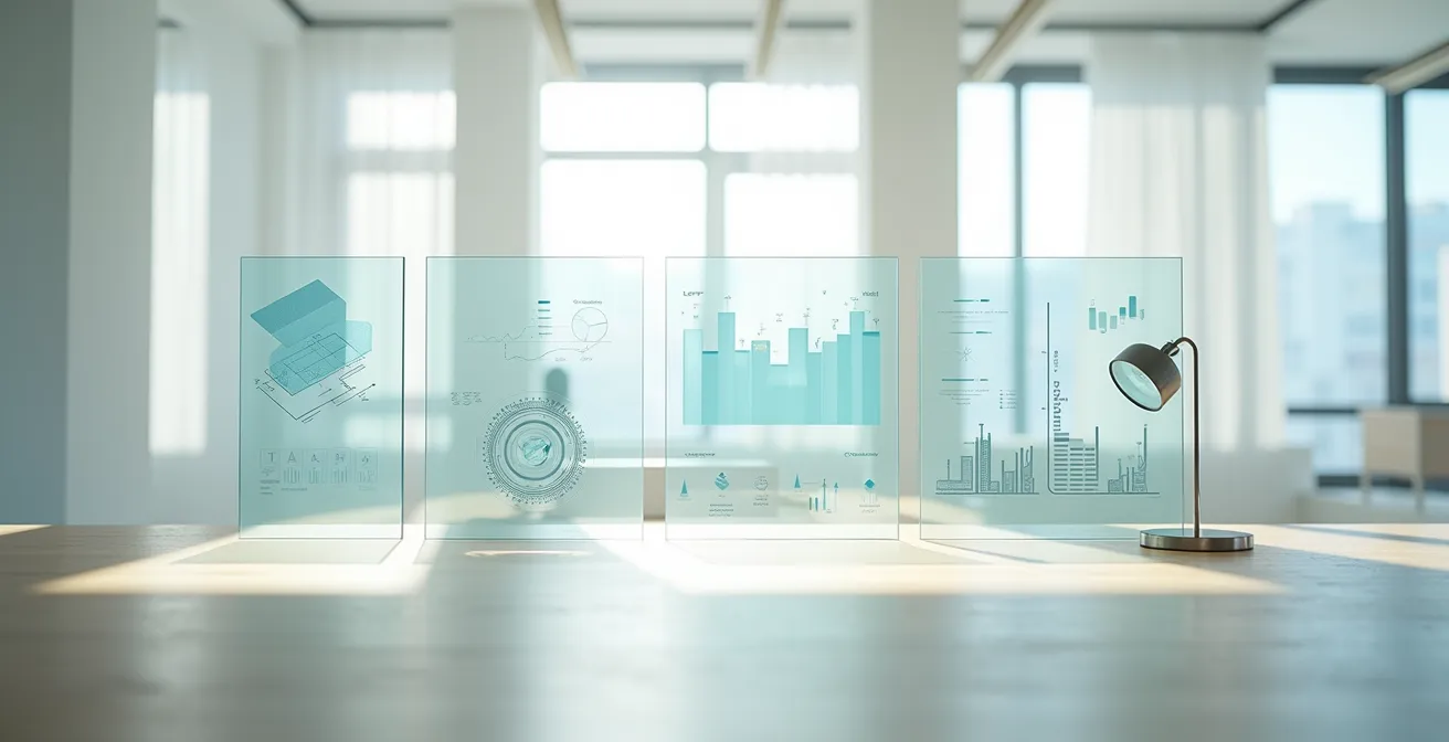 Espace de travail épuré avec documents analysés sous différents angles de lumière naturelle