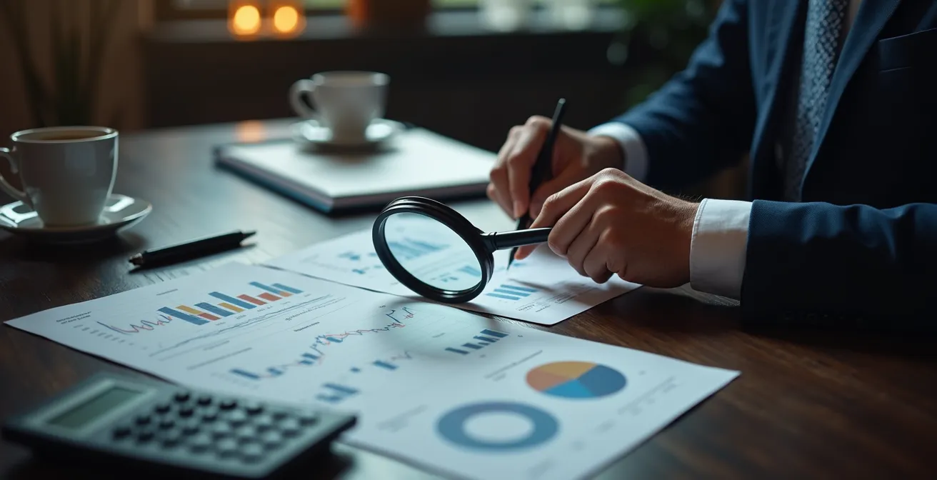 Banquier analysant un dossier de crédit professionnel avec graphiques et calculatrice