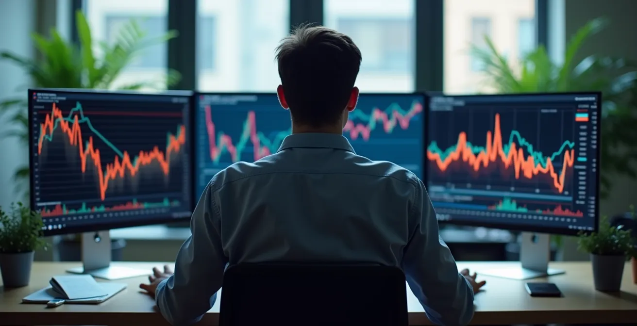 Analyste étudiant des données de marché international sur plusieurs écrans avec graphiques et cartes