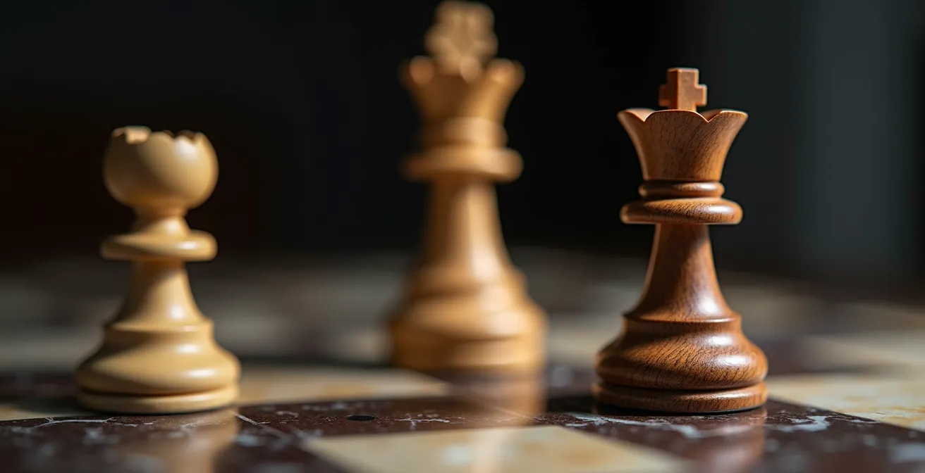 Vue macro de pièces d'échecs symbolisant les choix stratégiques