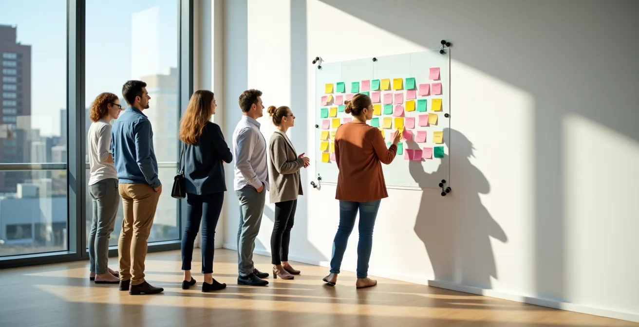 Atelier collaboratif avec équipe utilisant des post-its colorés sur un mur en verre