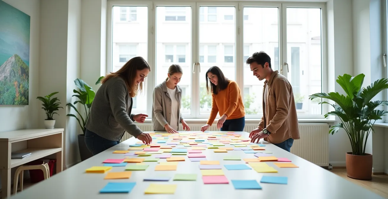 Atelier de travail collaboratif sur un budget avec post-its colorés