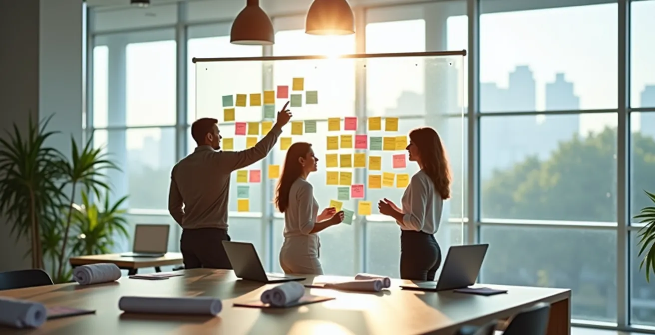 Équipe analysant des données et compétences sur tableau collaboratif
