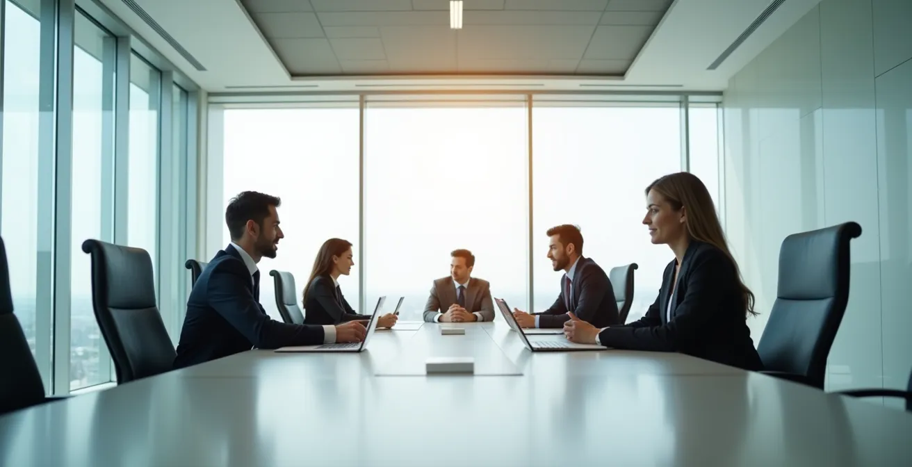 Avocat d'affaires en discussion stratégique avec des dirigeants d'entreprise autour d'une table de réunion