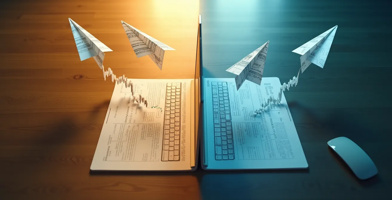 Métaphore visuelle des biais cognitifs dans la planification financière, montrant des avions en papier s'envolant et d'autres s'écrasant.