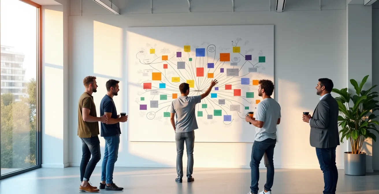 Espace créatif avec mur d'idées et employés en discussion collaborative