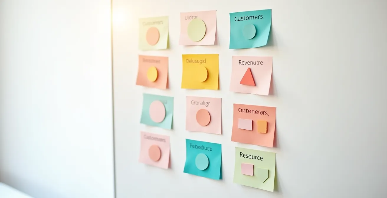 Tableau stratégique Business Model Canvas avec post-its colorés sur les 9 sections