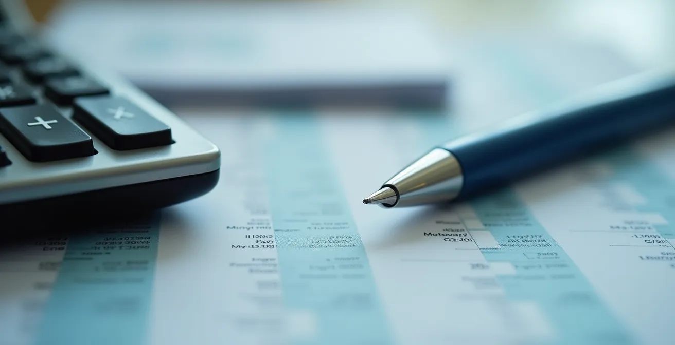 Calculatrice moderne et documents financiers abstraits sur bureau épuré