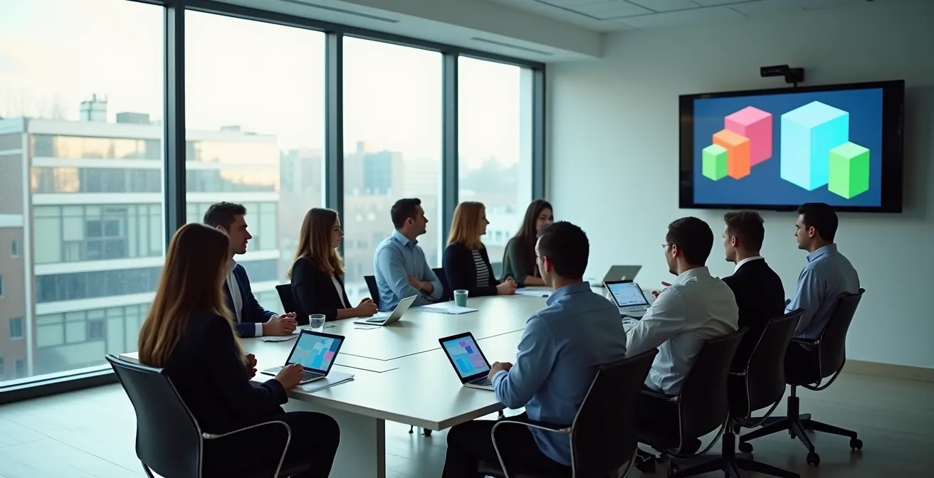 Salle de réunion moderne avec équipe en discussion stratégique, représentant une cellule de crise en action