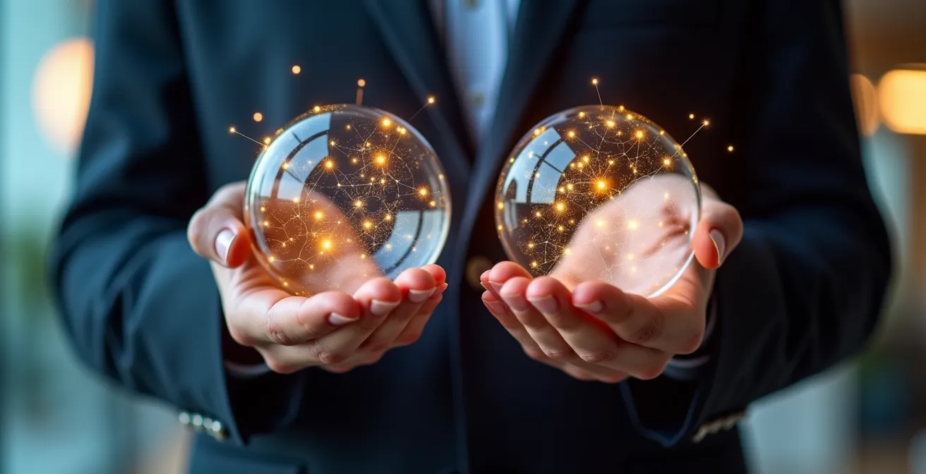 Deux mains professionnelles tenant des sphères lumineuses représentant les données, reliées par des connexions en réseau