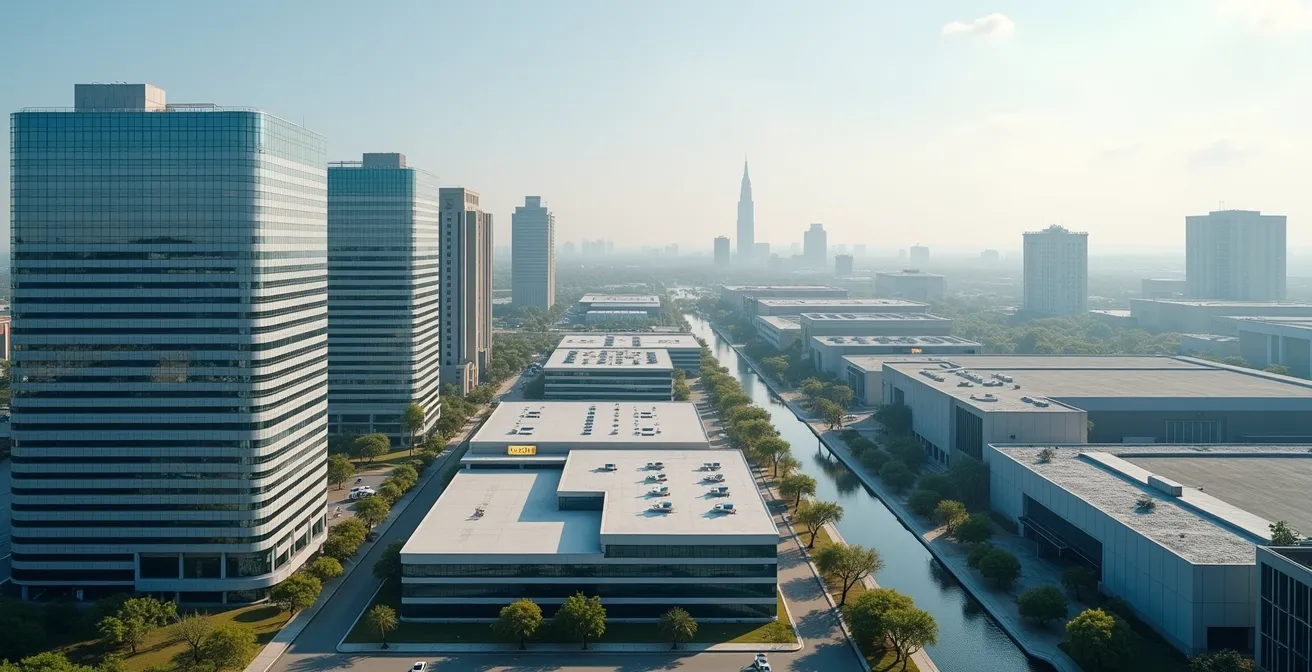 Vue aérienne minimaliste montrant différents environnements industriels côte à côte