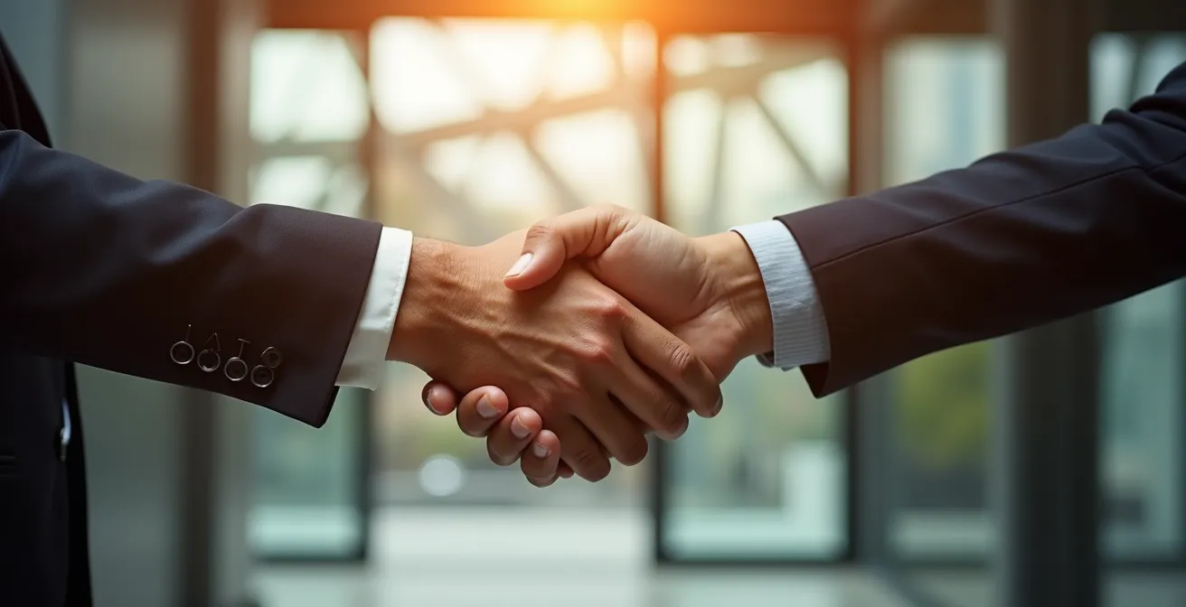 Poignée de main professionnelle avec éléments de sécurité juridique en arrière-plan