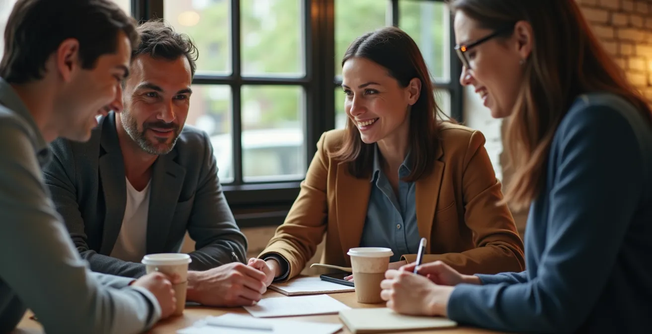 Groupe restreint de professionnels en discussion authentique autour d'une table ronde, illustrant le concept de conseil d'administration personnel.