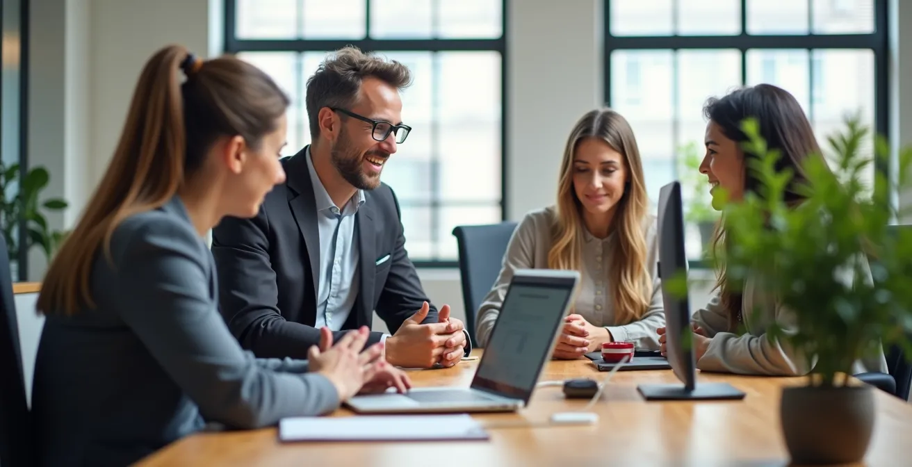 Espace de coworking moderne avec postes de travail flexibles et zones collaboratives