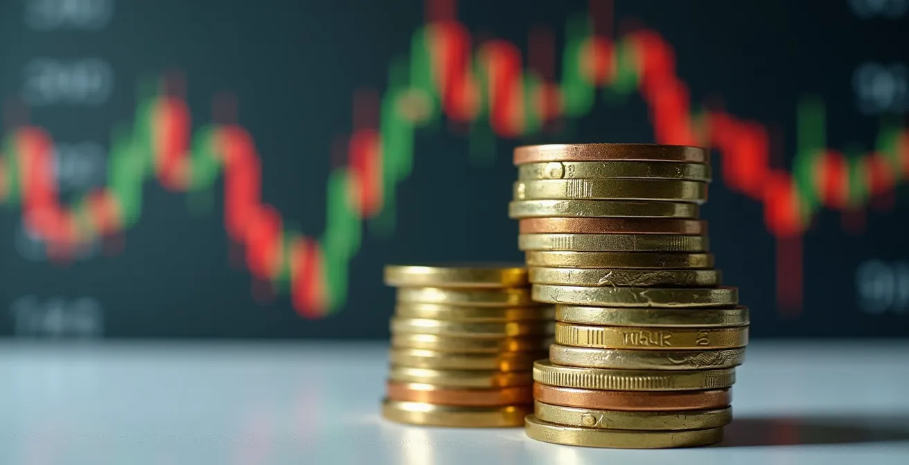 Vue macro détaillée de pièces d'euros empilées avec des graphiques financiers flous en arrière-plan, illustrant l'analyse des risques financiers