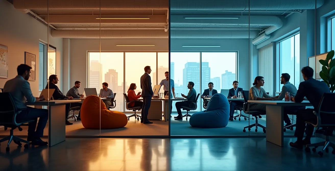 Contraste visuel entre deux espaces de travail aux styles différents séparés par une cloison de verre