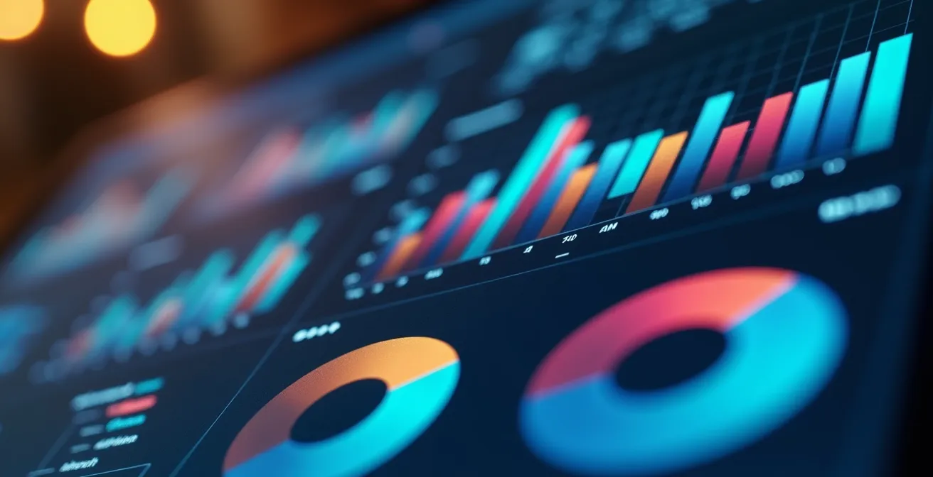 Vue macro d'un tableau de bord avec graphiques colorés et indicateurs de performance