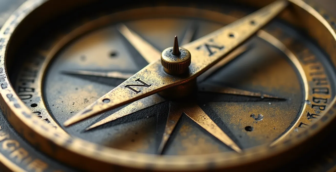 Vue macro de boussole métallique avec détails texturés symbolisant le changement de direction