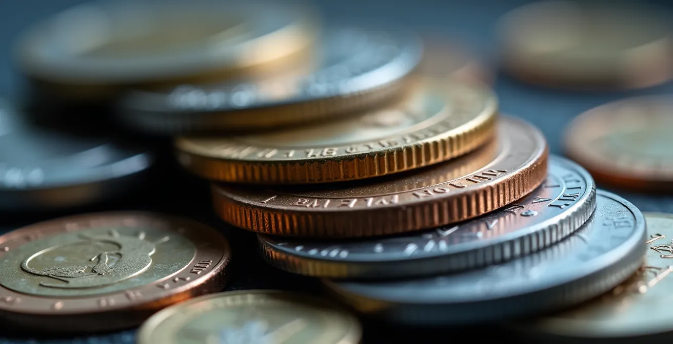 Vue macro de pièces de monnaie empilées montrant les textures métalliques