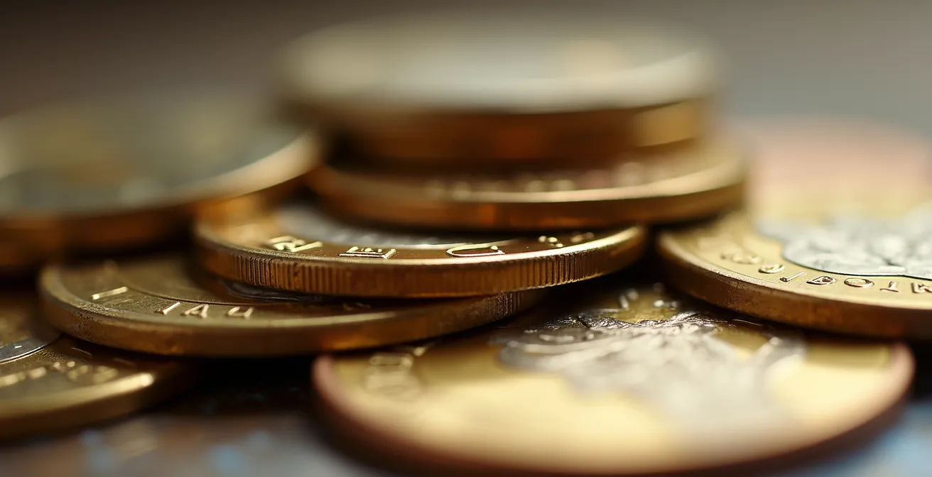 Vue macro de pièces de monnaie empilées symbolisant l'accumulation des petits coûts