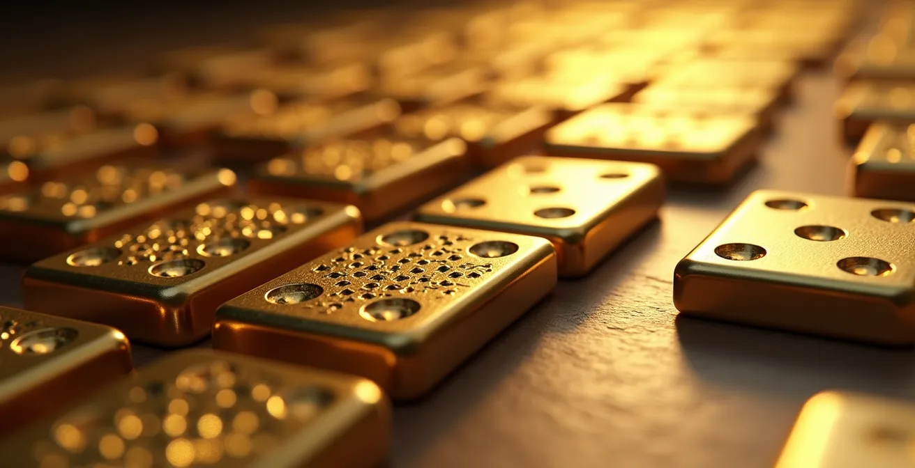 Dominos dorés tombant en cascade représentant l'effet en chaîne d'une erreur comptable