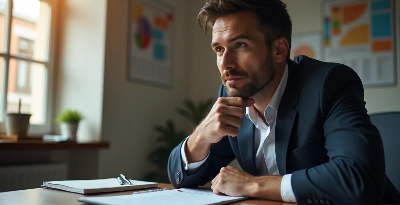 Entrepreneur concentré analysant des graphiques de croissance dans un bureau épuré