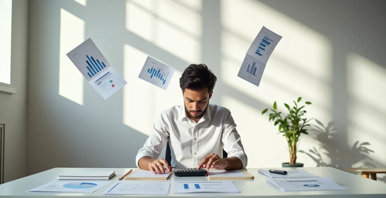 Entrepreneur calculant son apport personnel dans son bureau