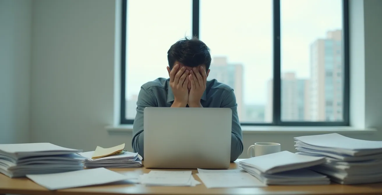Entrepreneur montrant des signes de fatigue entouré de documents dans son bureau