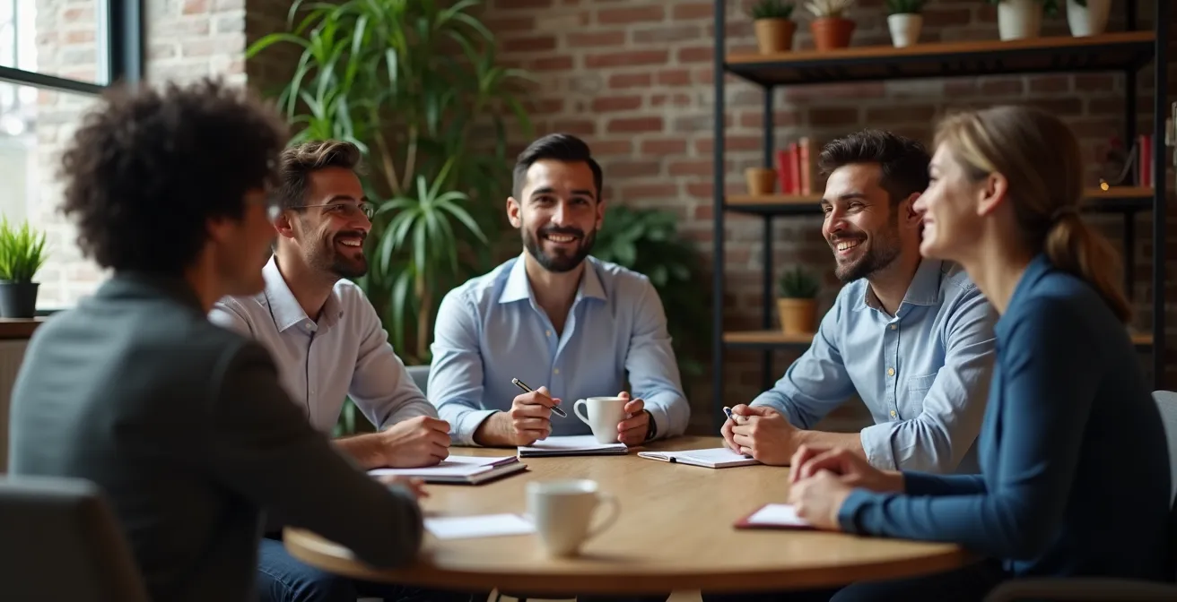 Groupe d'entrepreneurs en session de mastermind dans un espace collaboratif