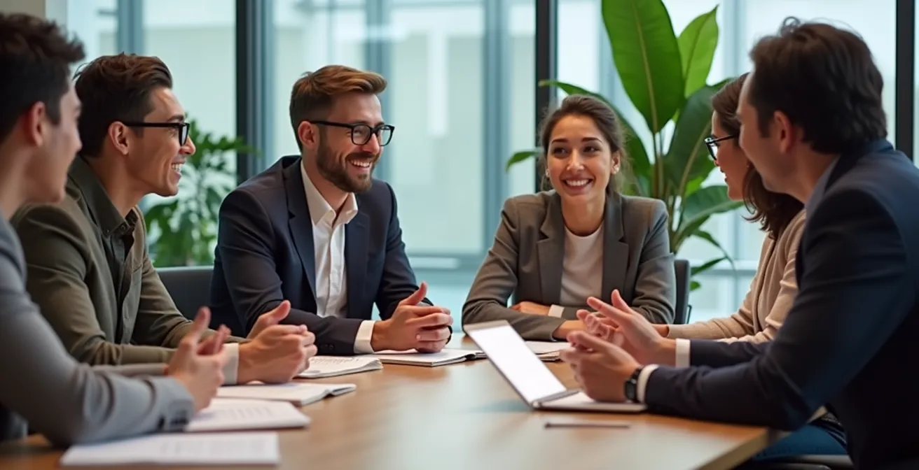 Équipe d'entrepreneurs en réunion collaborative autour d'une table de travail