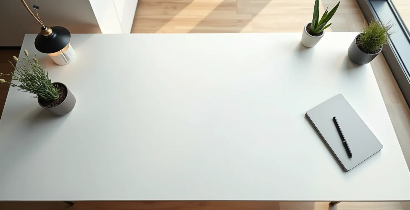 Bureau épuré avec vue aérienne d'un espace de travail moderne et des outils d'analyse