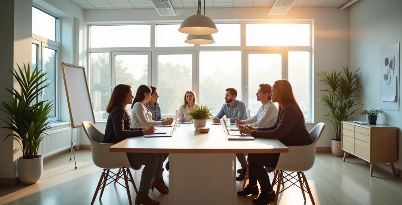Salle de formation moderne avec participants attentifs lors d'une session de franchise