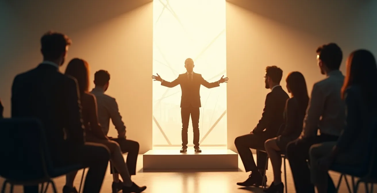 Leader debout devant une équipe attentive dans un espace de travail collaboratif