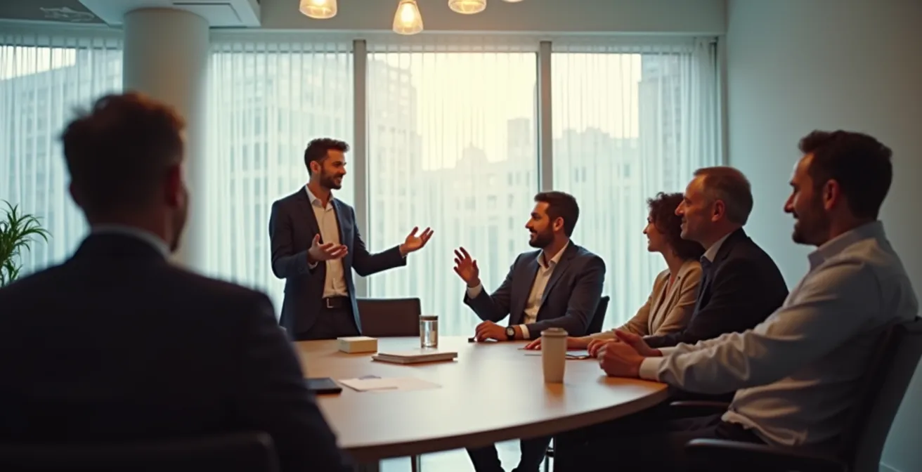 Leader debout devant son équipe assise en cercle, captivée par son récit dans un espace lumineux