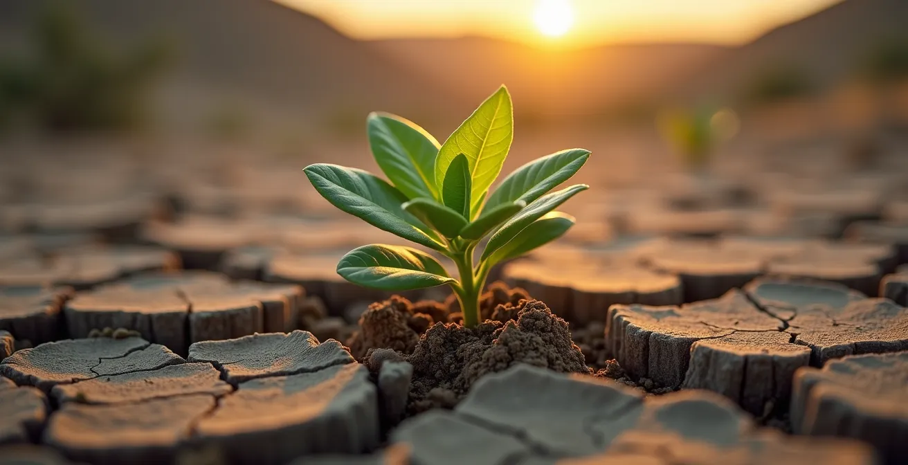 Métaphore visuelle de la croissance en période de crise avec plante émergeant d'un sol aride