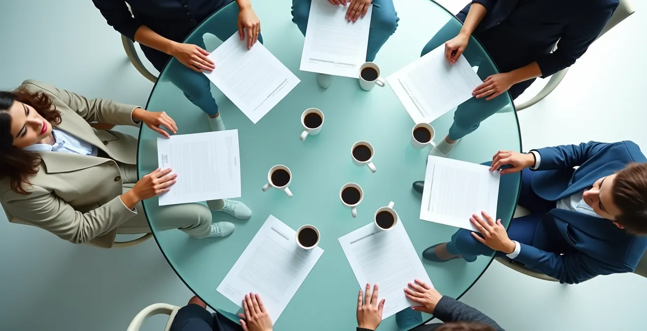 Table de médiation vue du dessus avec documents organisés et mains en discussion
