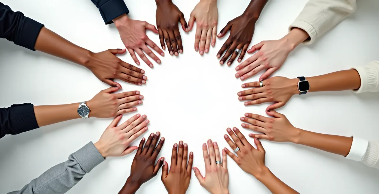 Vue aérienne de mains diverses formant un cercle uni symbolisant l'engagement collectif
