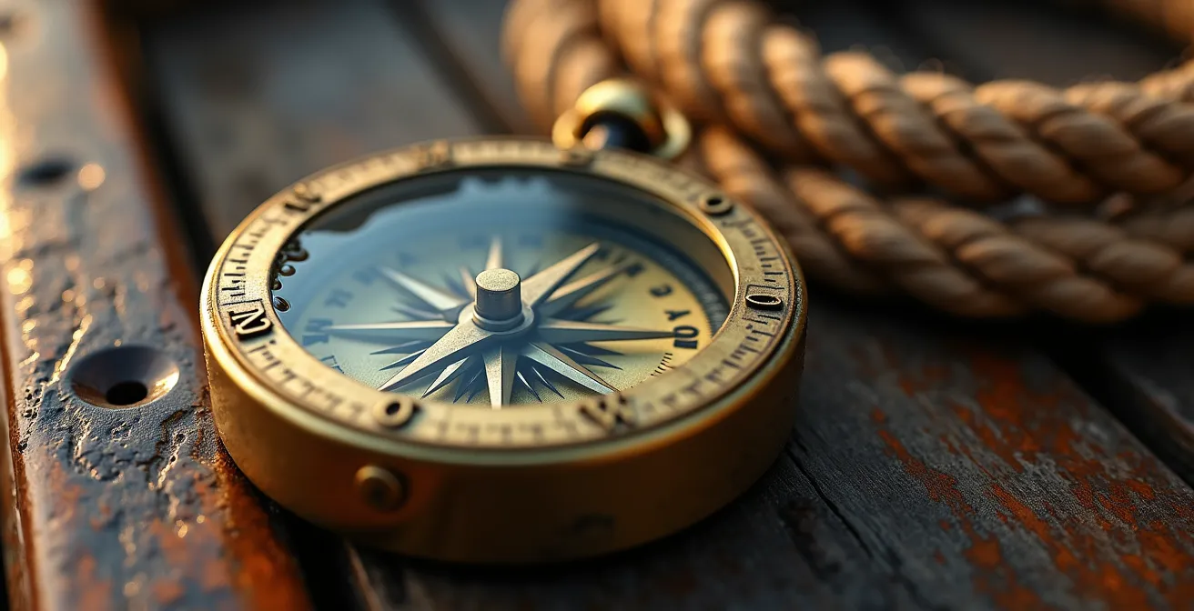 Métaphore maritime de la navigation financière avec une boussole indiquant le cap.