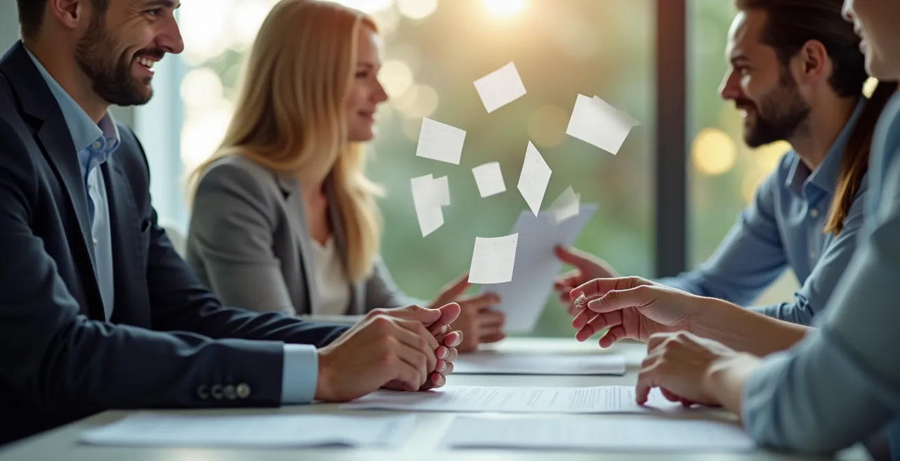 Scène de négociation entre un freelance et un client autour d'un contrat