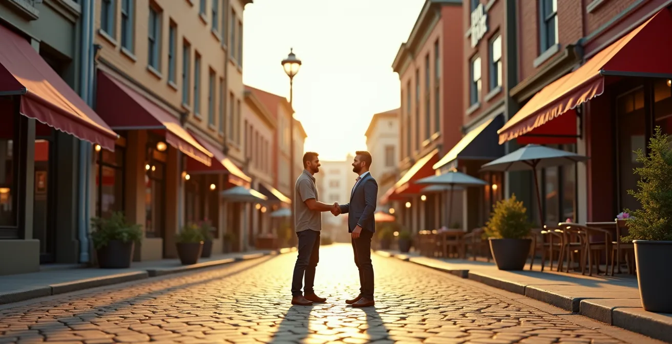 Scène de collaboration entre commerçants partenaires dans un quartier animé